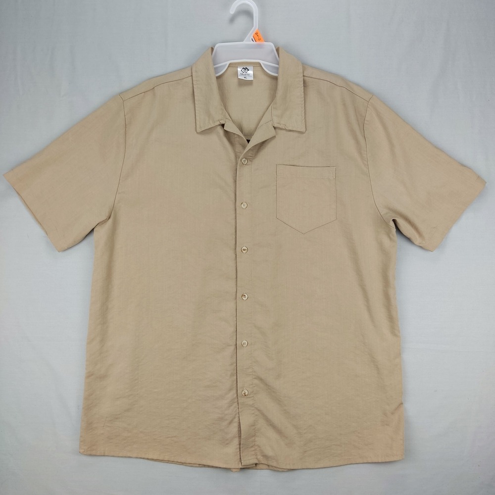 MoFiz Button Up Shirt Mens XL Tan Short Sleeve Camp Collar Stretch Pocket Casual